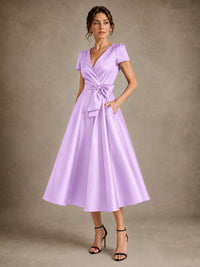 V-Neck Tea-Length Satin Mother of the Bride Dress with Bow