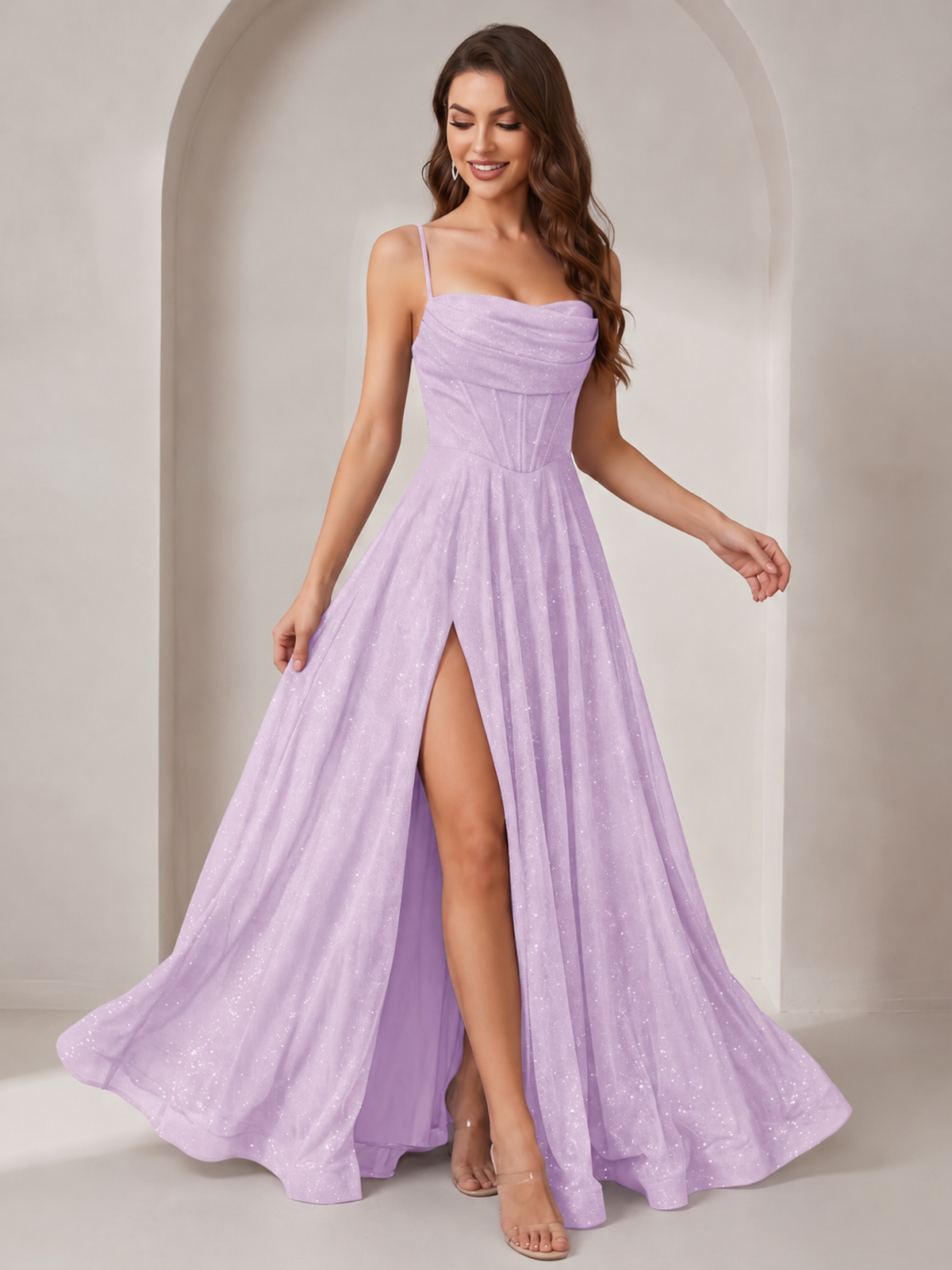 Sparkly Cowl Neck Corset Long Prom Dress with Slit A-line Tulle Ball Gown