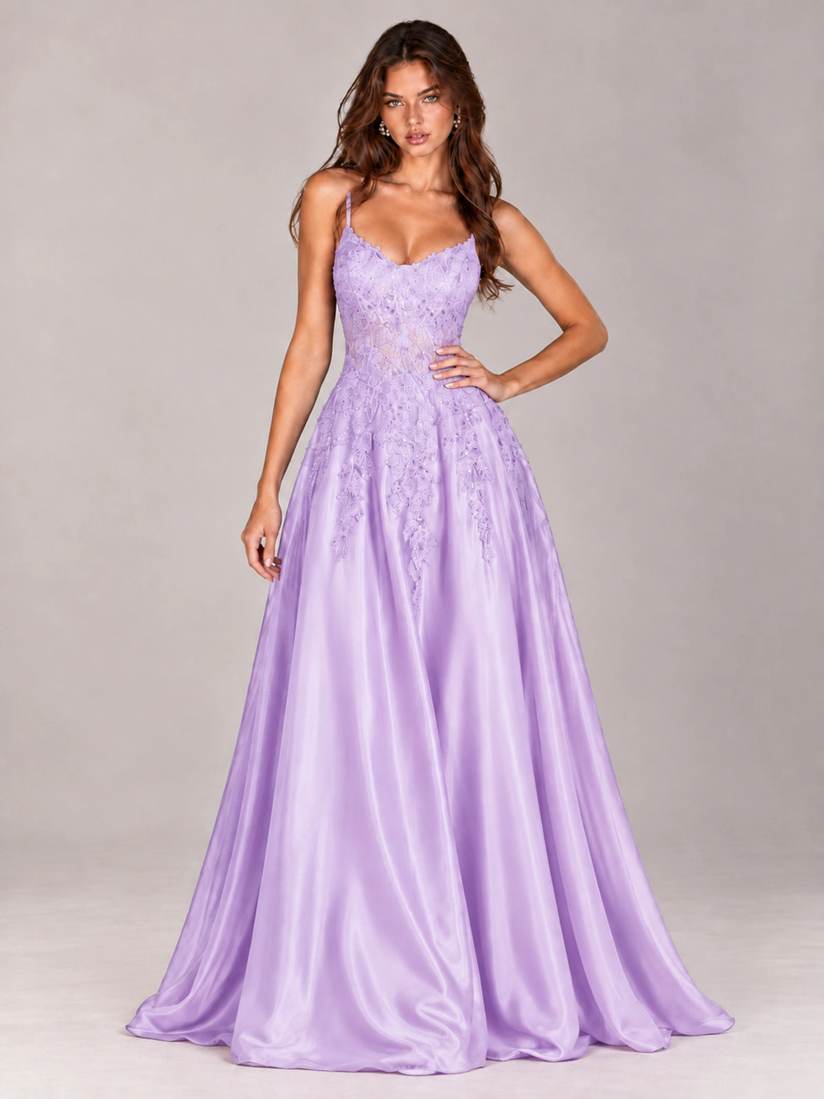 Lace Applique Satin A-Line Prom Dress with Sheer Bodice