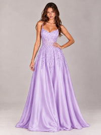 Lace Applique Satin A-Line Prom Dress with Sheer Bodice