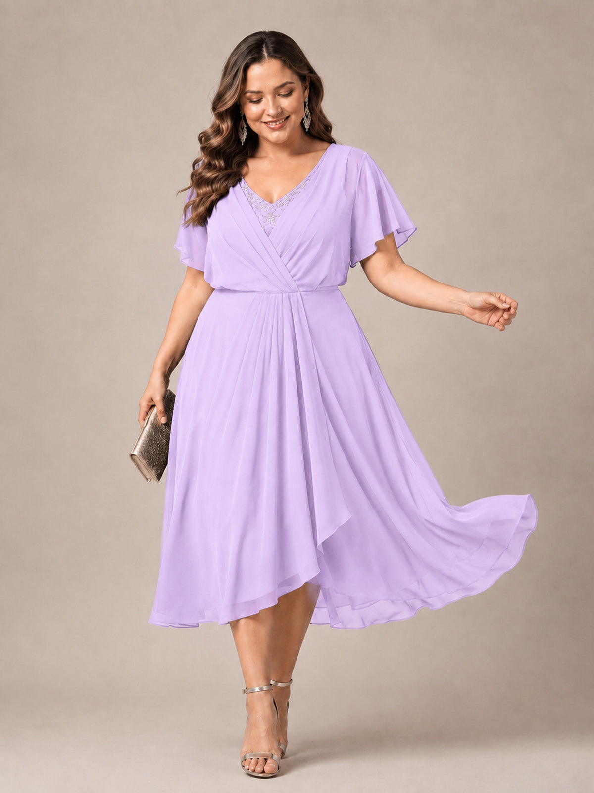 Navy Blue A-Line V-Neck Tea-Length Mother of the Bride Dress
