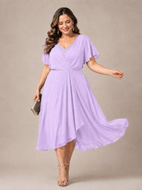 Navy Blue A-Line V-Neck Tea-Length Mother of the Bride Dress