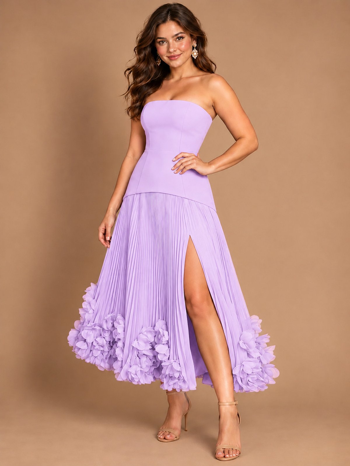 Navy Blue Strapless Pleated A-Line Midi Dress with 3D Floral Applique