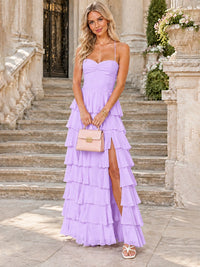 Ruffled Tiered Chiffon Prom Dress Spaghetti Straps Formal Maxi Dress with Slit