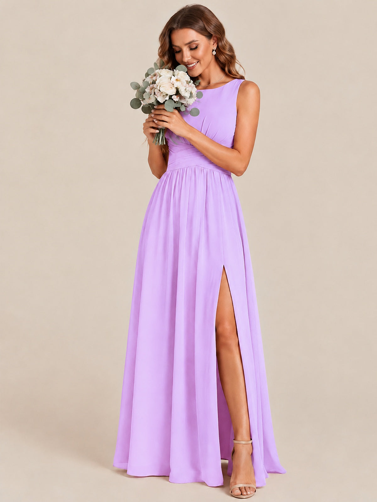 A-line Sleeveless Rucehd Chiffon Bridesmaid Dress with High Slit