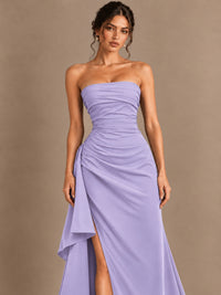 Black and White Strapless Ruched Prom Dress with High Slit & Side Drape