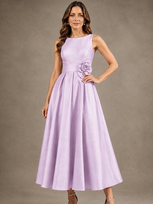Tea-Length Satin Mother of the Bride Dress with 3D Flower Detail