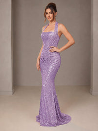 Gold Halter Sequin Mermaid Ruched Prom Dress Long Ruched Evening Gown
