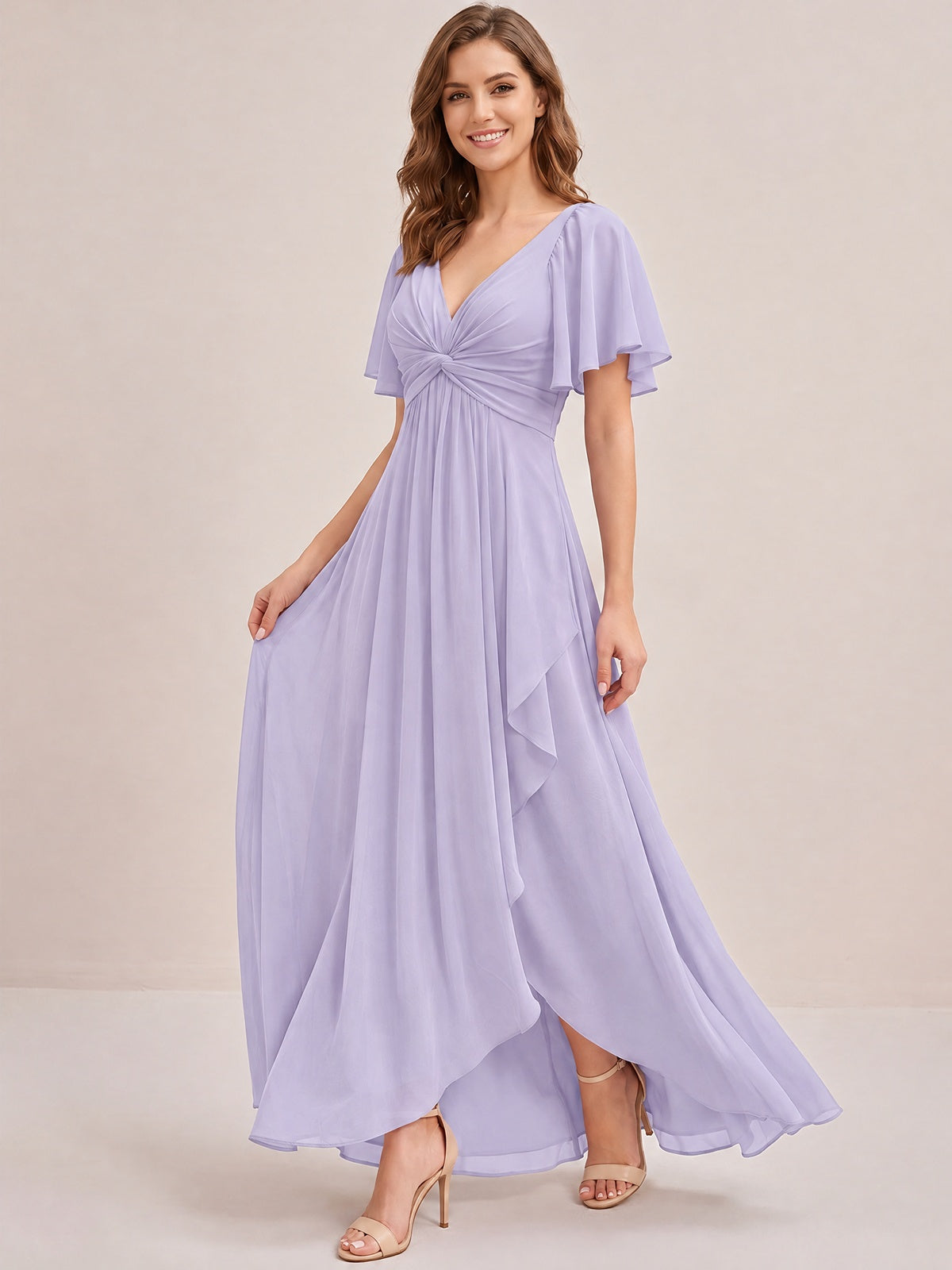 Dusty Blue Chiffon Bridesmaid Dress with Flutter Sleeves & High-Low Hem