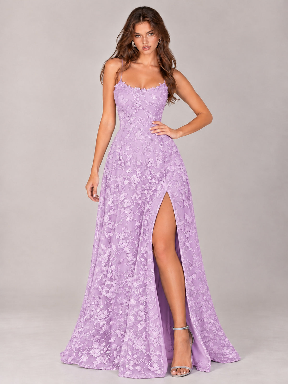 Floral Lace A-Line Prom Dress with Spaghetti Straps & High Slit