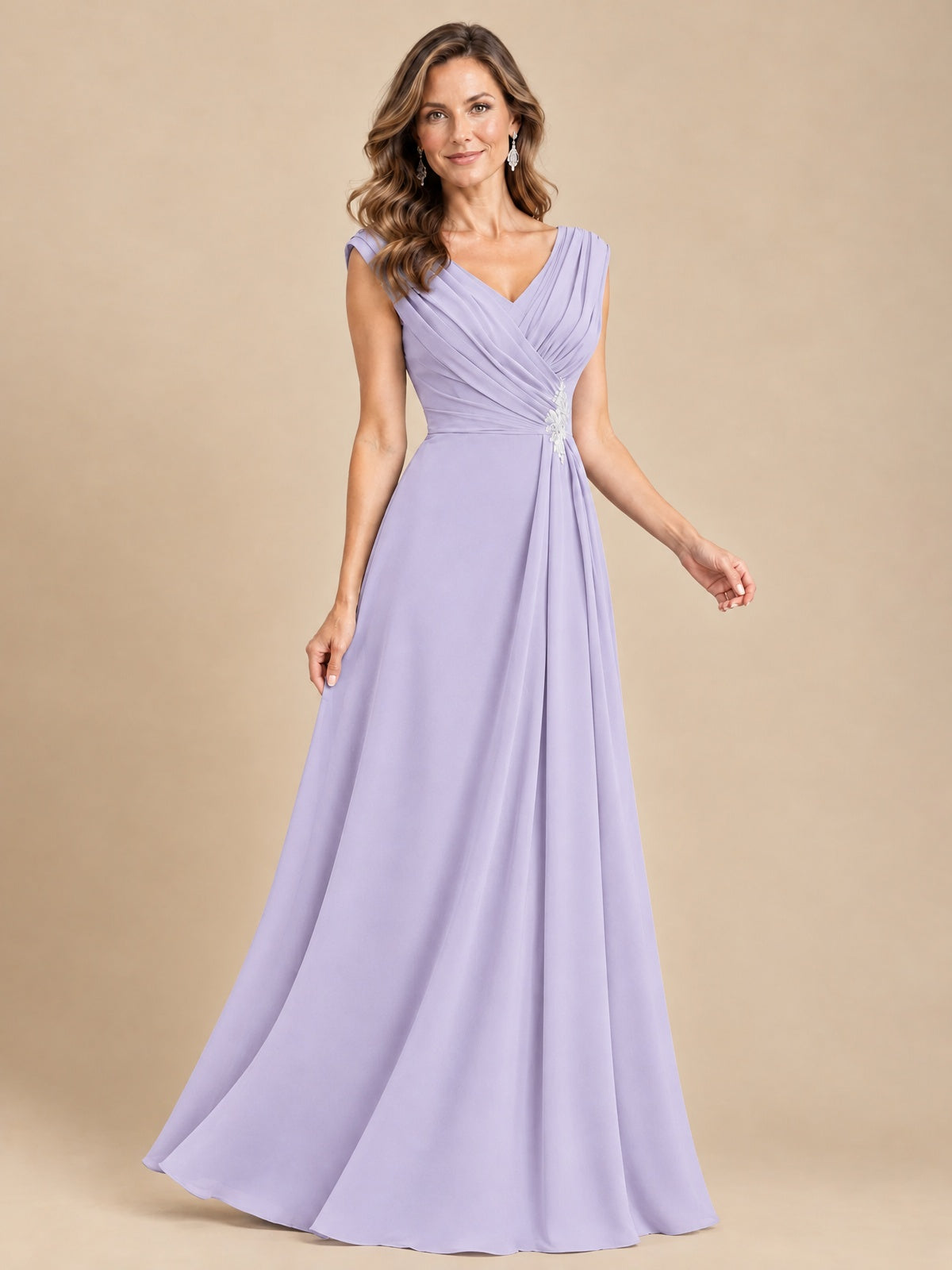 V Neck Pleated Mother of The Bride Dresses with Beading Cap Sleeves