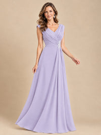 V Neck Pleated Mother of The Bride Dresses with Beading Cap Sleeves