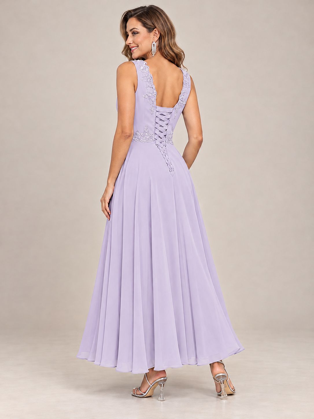 Dusty Blue Floral Lace Chiffon Mother of the Bride Dress with Jacket