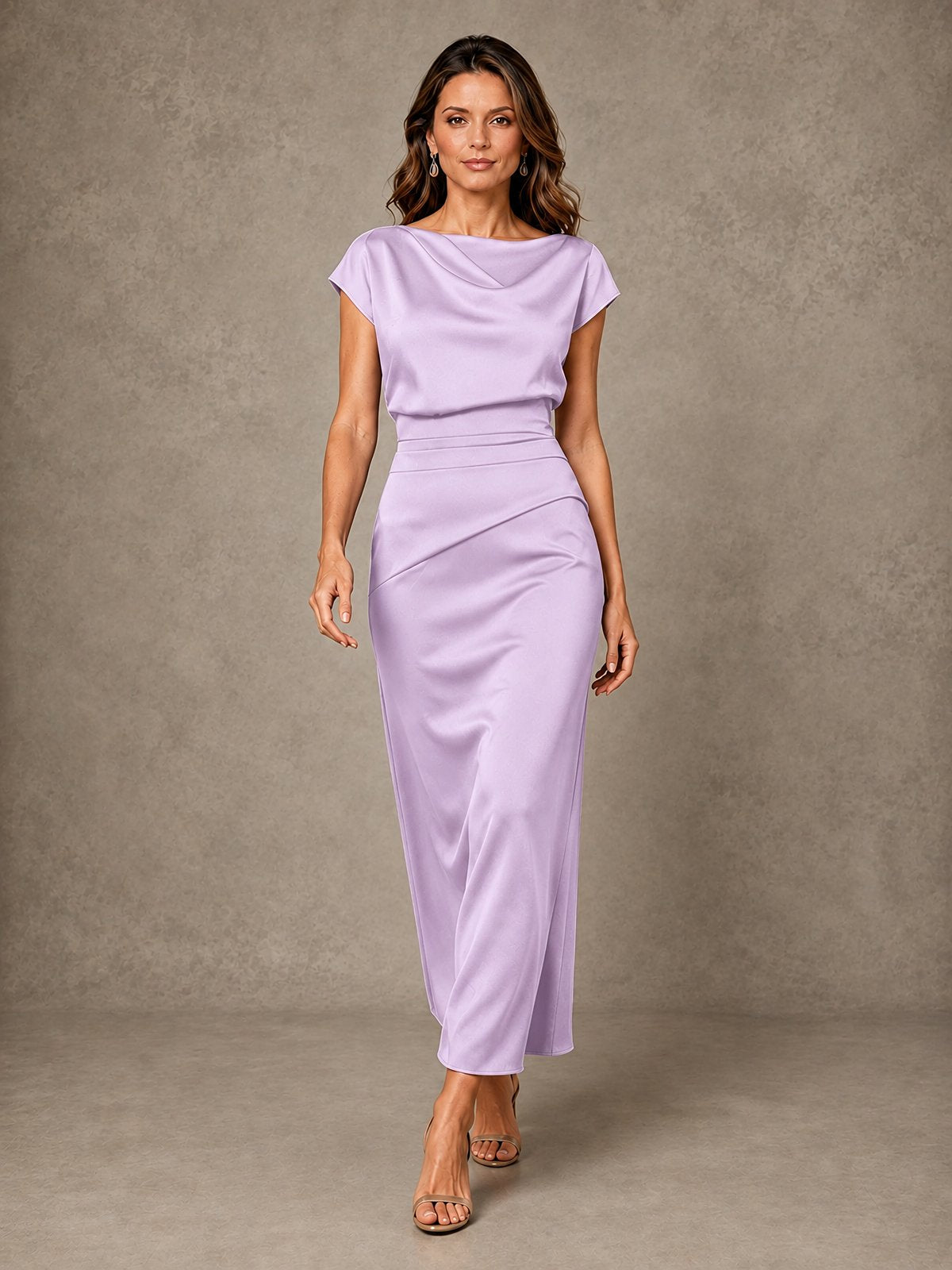 Cowl Neck Satin Mother of the Bride Dress with Ruched Waist