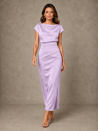 Cowl Neck Satin Mother of the Bride Dress with Ruched Waist