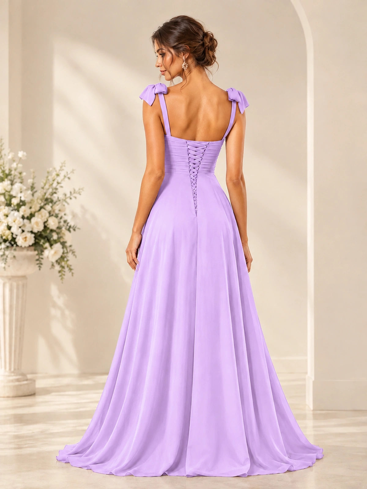Ruffle Slit Chiffon A Line Scoop Neck Bridesmaid Dresses with Pockets