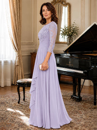 A-Line Chiffon Mother of the Bride Dress with Floral Applique 3/4 Sleeves