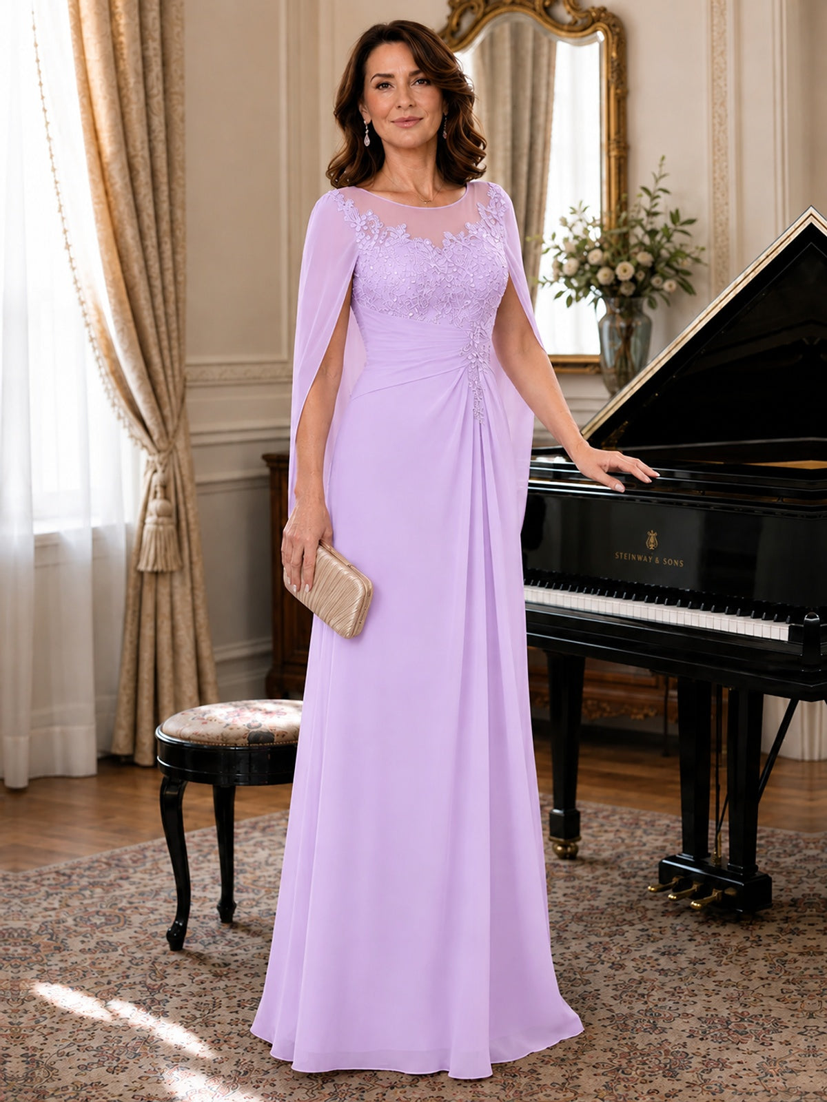 Elegant Applique Chiffon Mother of the Bride Dress with Cape Sleeves