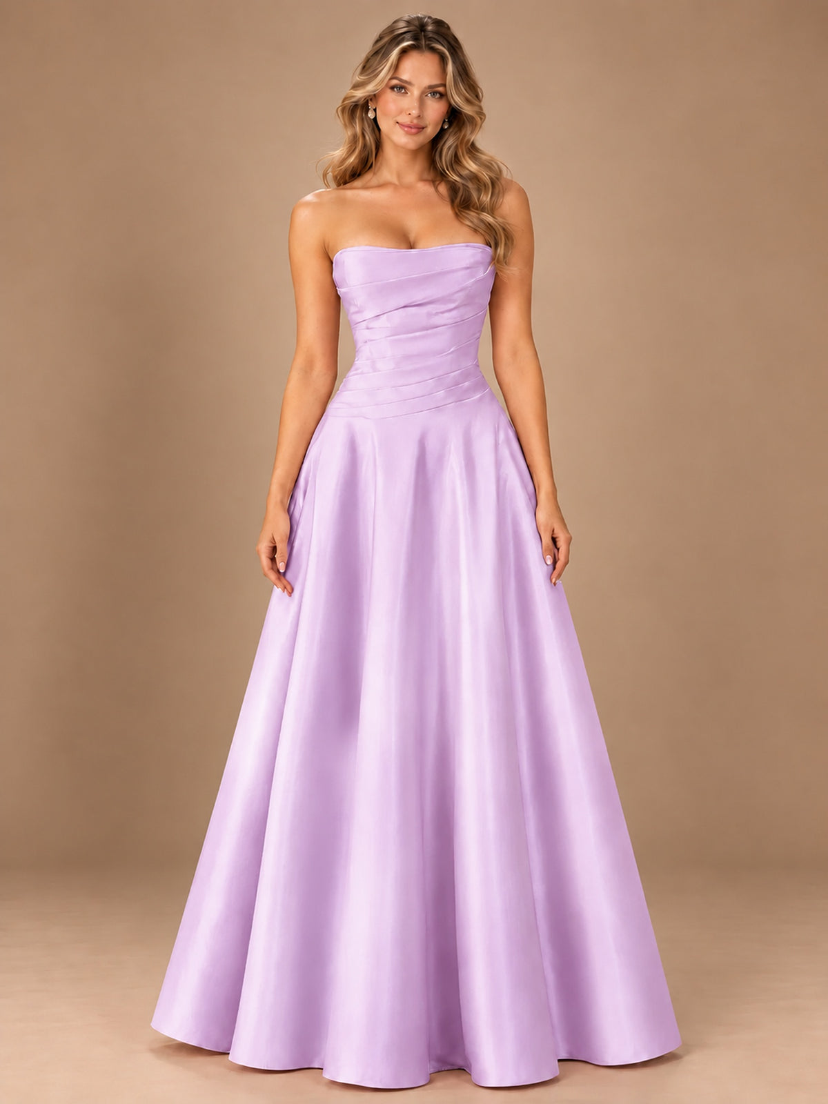 Blush Pink Strapless Satin A-Line Prom Dress with Ruched Bodice