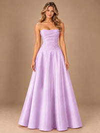 Blush Pink Strapless Satin A-Line Prom Dress with Ruched Bodice