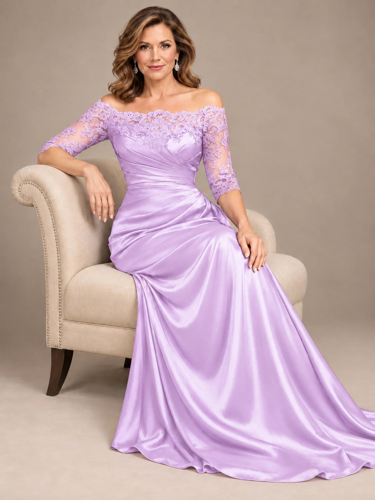 Satin Mother of the Bride Dress with Lace Sleeves Off Shoulder Formal Gown