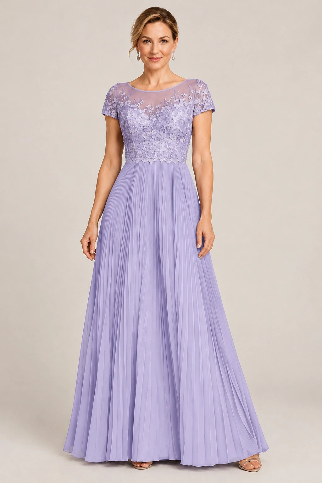 Embroidered Lace Pleated Mother of the Bride Dress