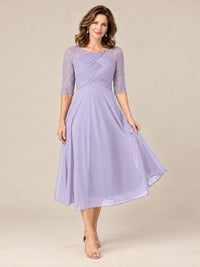 Tea-Length Mother of the Bride Dress with Lace 3/4 Sleeves