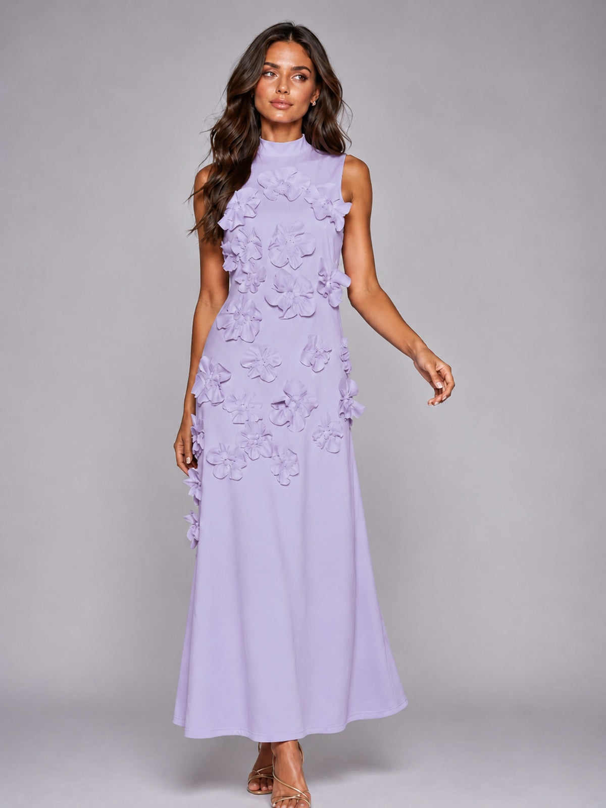 3D Floral Applique High Neck Prom Maxi Dress