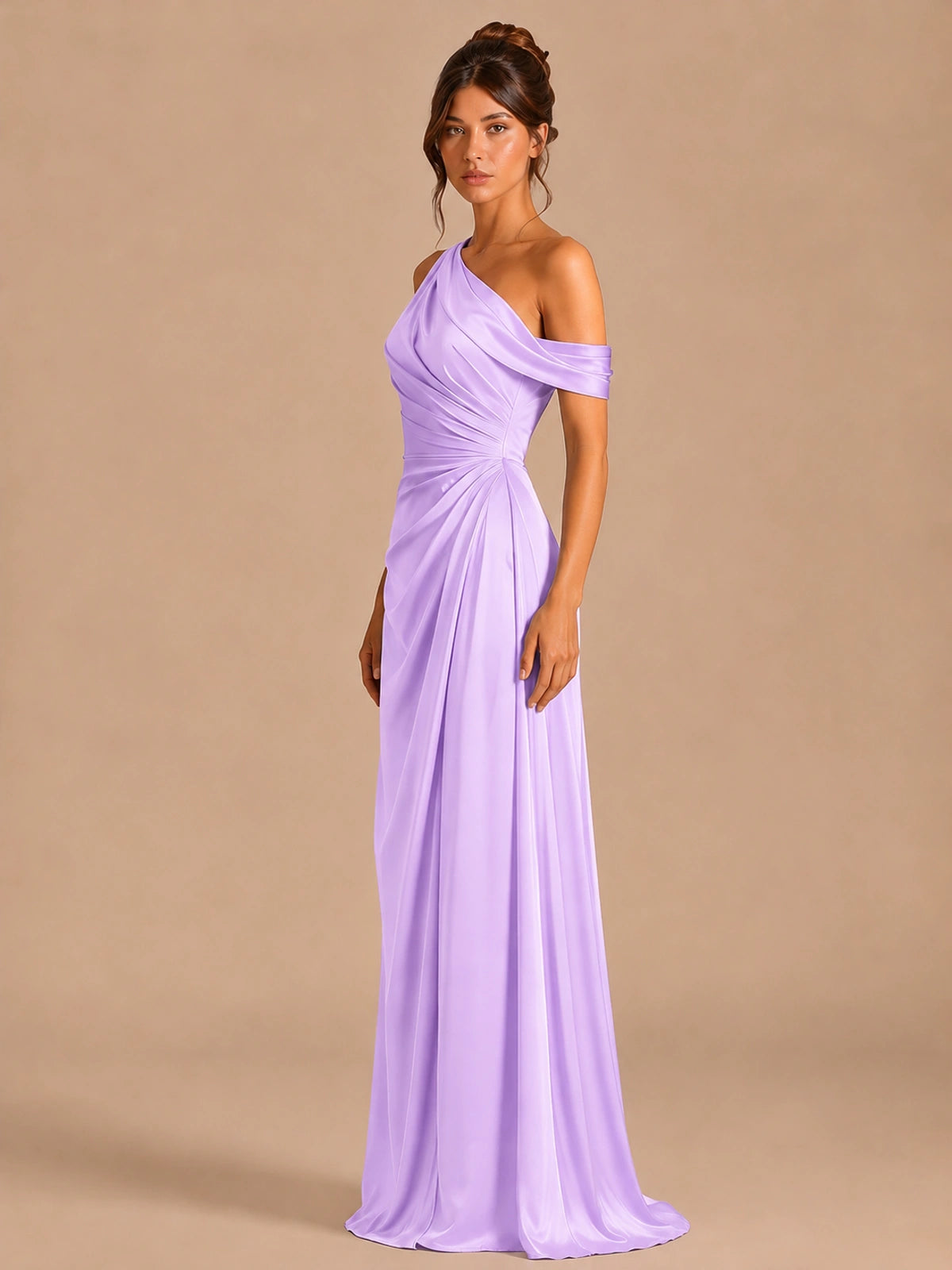 Satin One Shoulder Prom Dress Ruched Long Formal Evening Gown