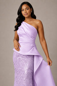 One-Shoulder Mother of the Bride Dress with Sequin Skirt and Peplum