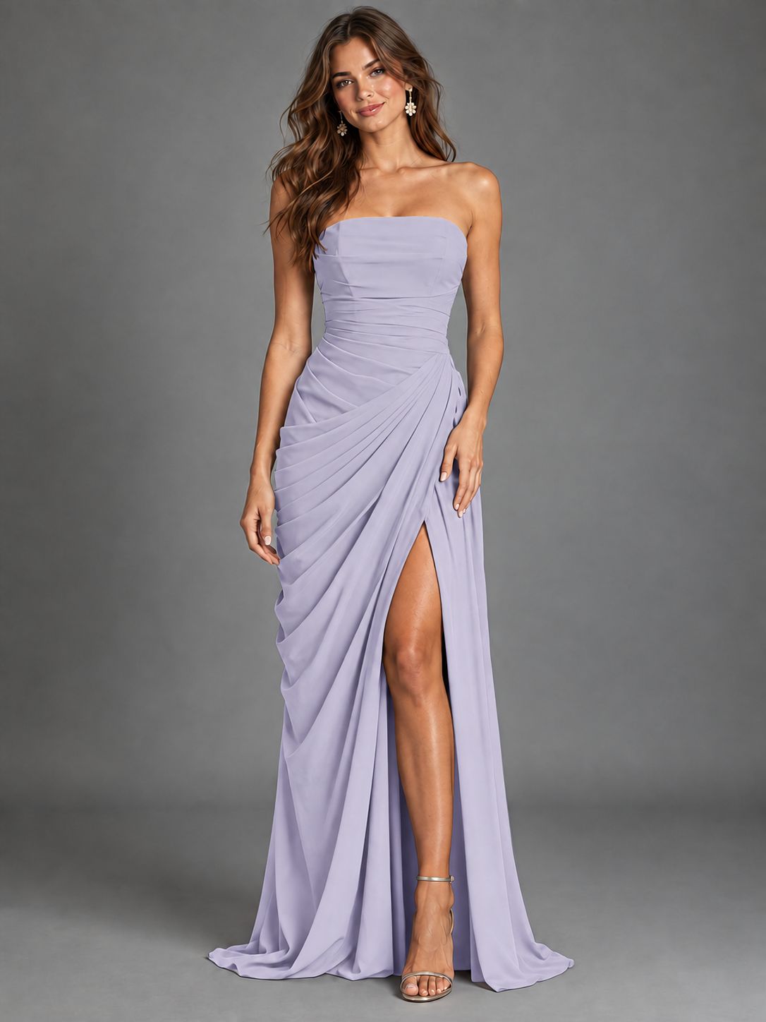 Strapless Bodycon Pleated Chiffon Formal Dress with Slit