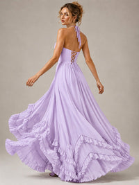 Halter V Neck Chiffon Formal Dress with Lace-Up Back and Ruffle Hem