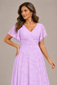 Jovellee Floral Chiffon A-Line Mother of the Bride Dress with Flutter Sleeves