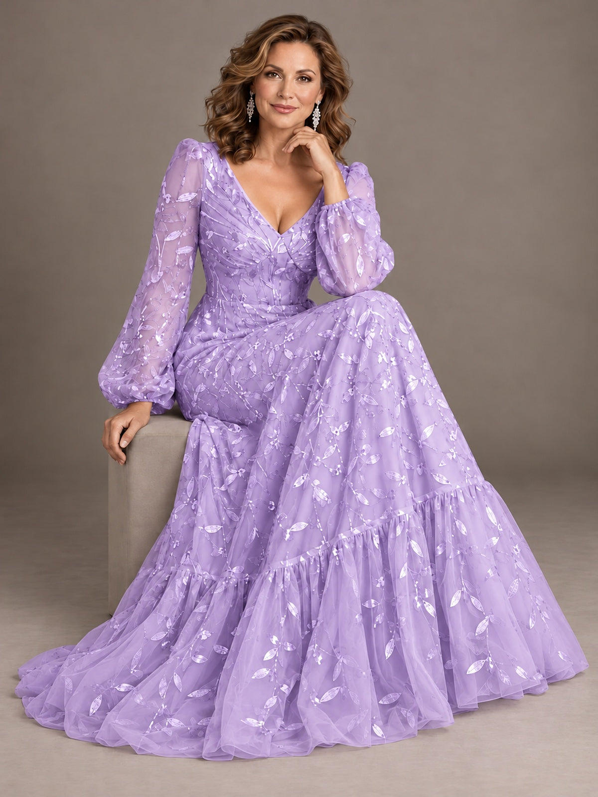 Floral Sequin Embroidered A-Line Mother of the Bride Dress with Long Sleeves