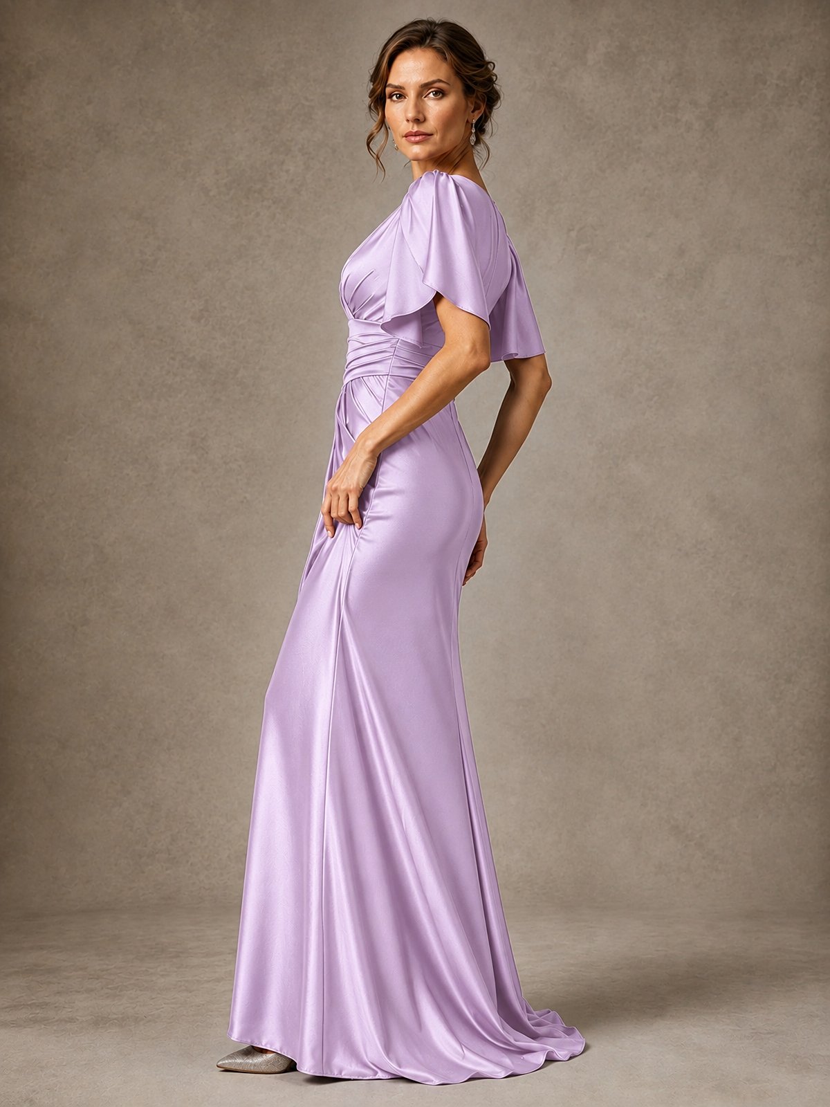 V-Neck Satin Mother of the Bride Dress with Flutter Sleeves