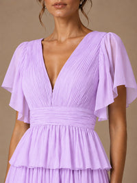 Chiffon V-Neck Tiered Ruffle Bridesmaid Dress with Slit