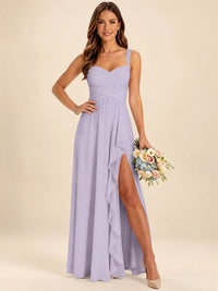 Spaghetti Straps Pleated Chiffon Bridesmaid Dress with Ruffle Slit
