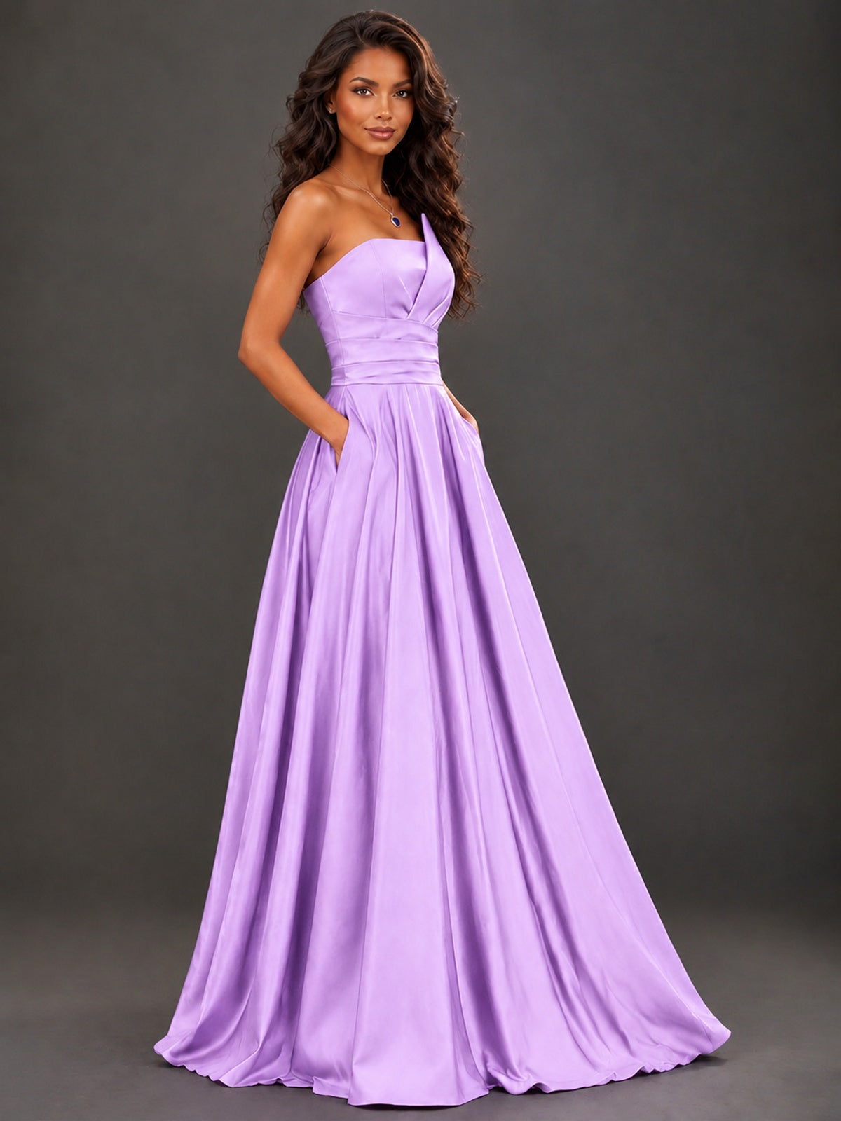 Draped Satin Prom Dress Strapless A-line Formal Dress Floor Length