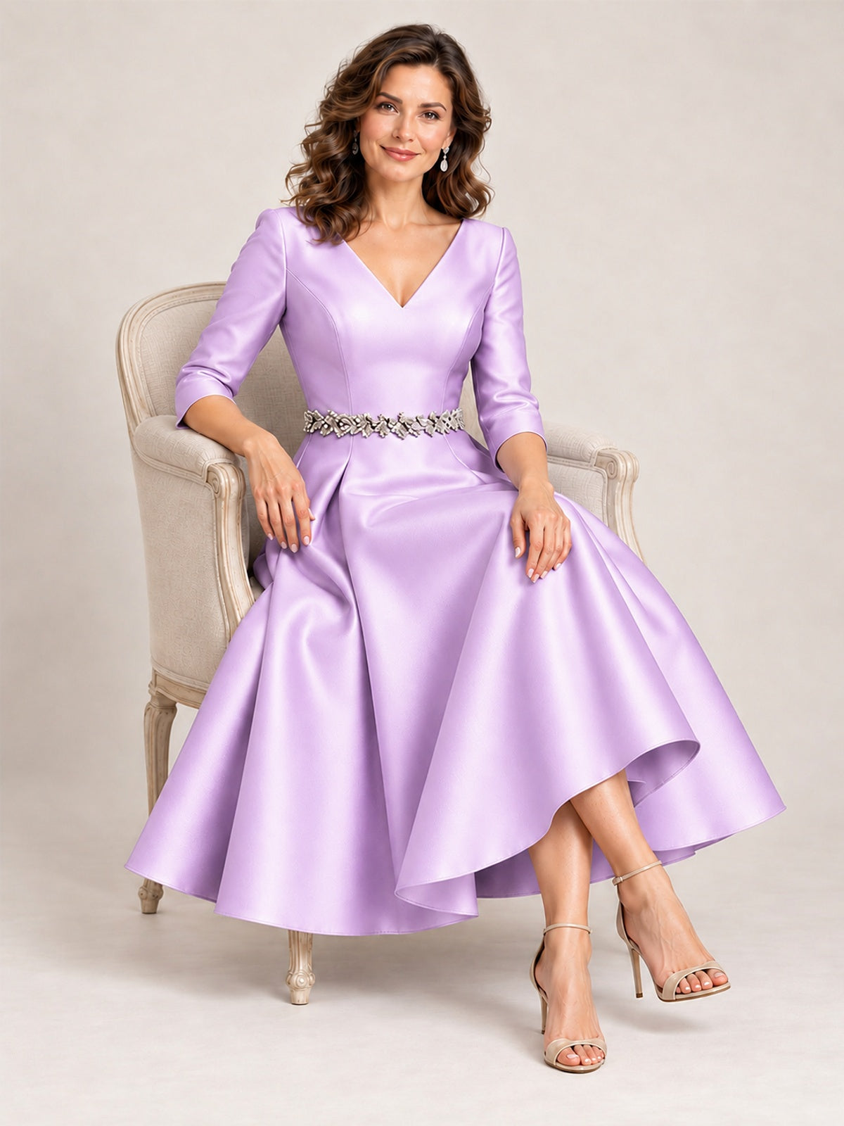 V-Neck Tea-Length Mother of the Bride Dress with Embellished Waist