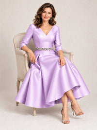 V-Neck Tea-Length Mother of the Bride Dress with Embellished Waist