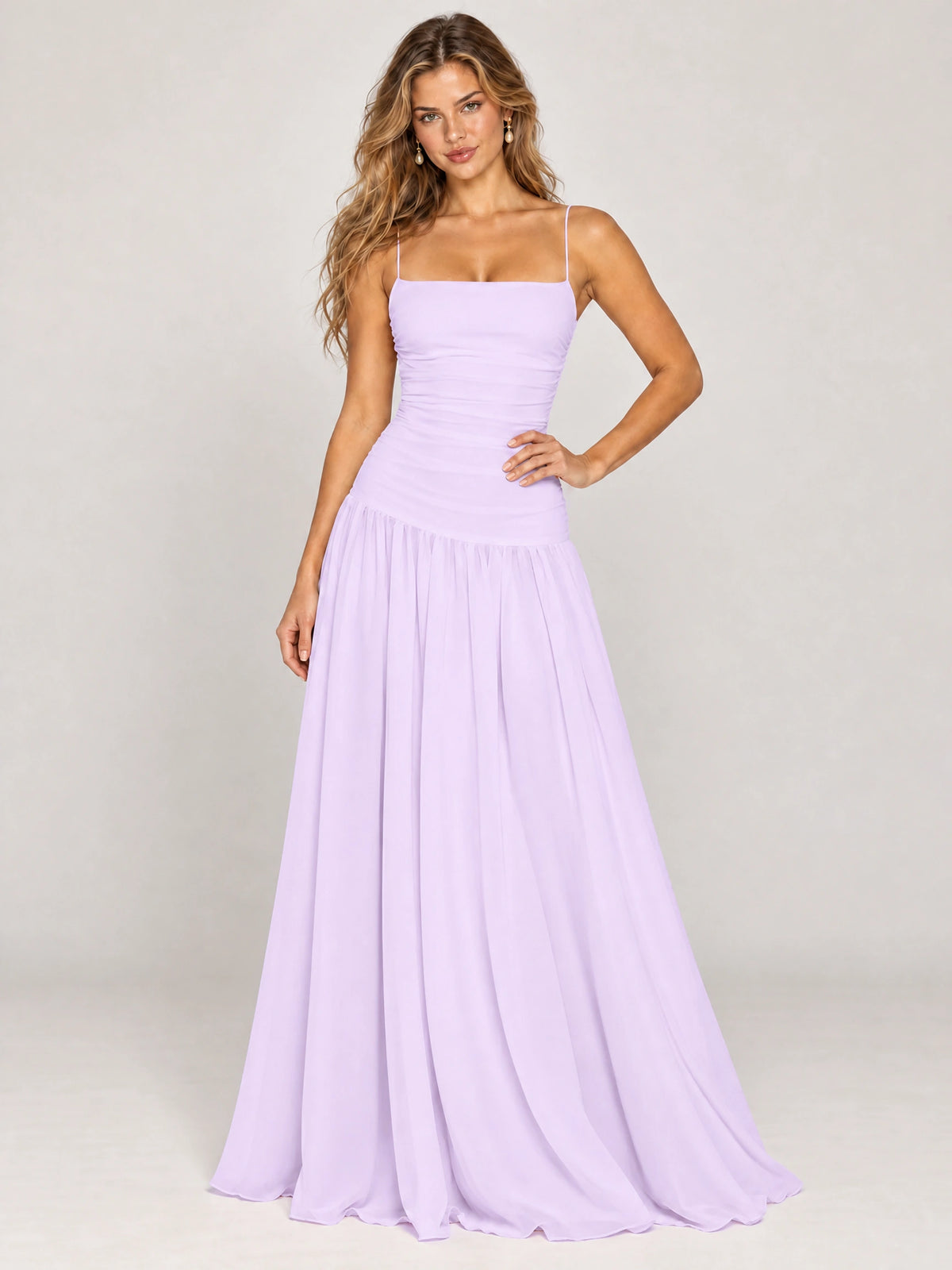 Butter Yellow Ruched Spaghetti Strap Drop-Waist Prom Dress