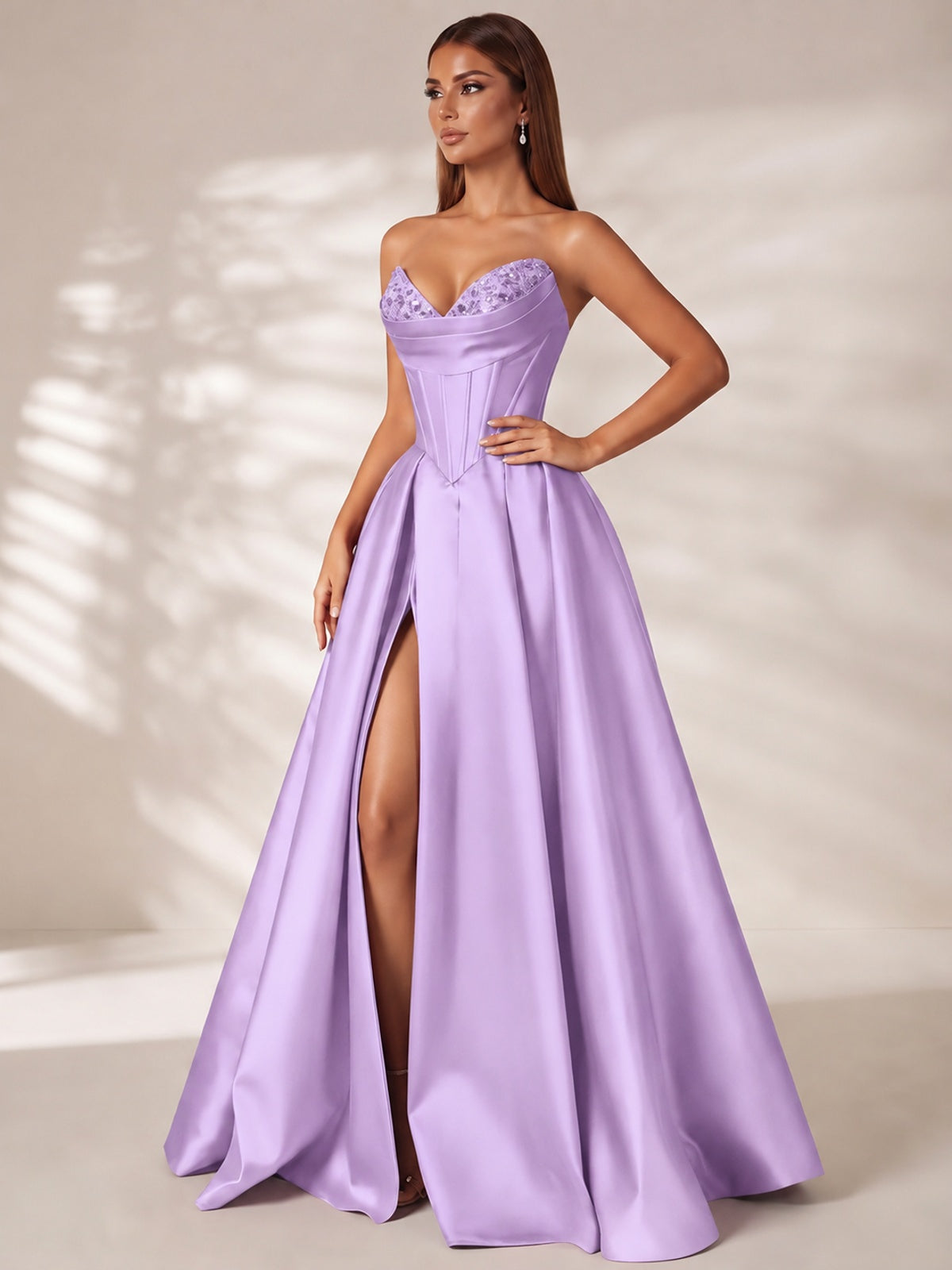 Strapless Corset Satin Prom Dress Long Evening Gown with High Slit