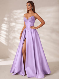 Strapless Corset Satin Prom Dress Long Evening Gown with High Slit