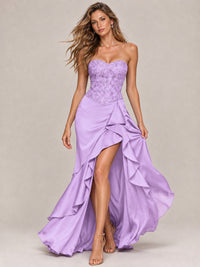 Strapless Lace Appliques Corset Satin Prom Dress Ruffle Slit Evening Gown