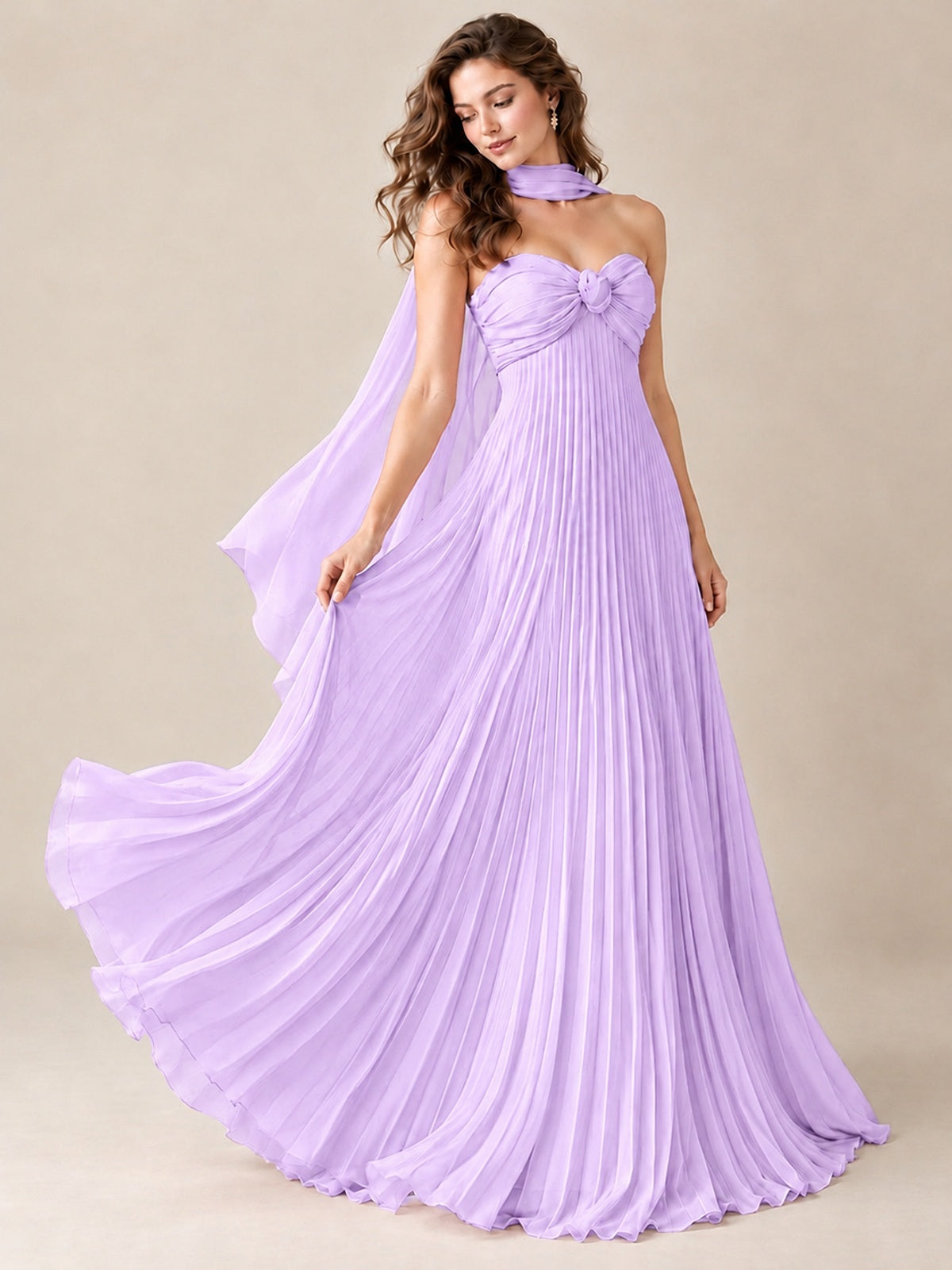 Sweetheart Neckline Pleated Prom Dress Strapless A-line Formal Dress with Flowy Scarf