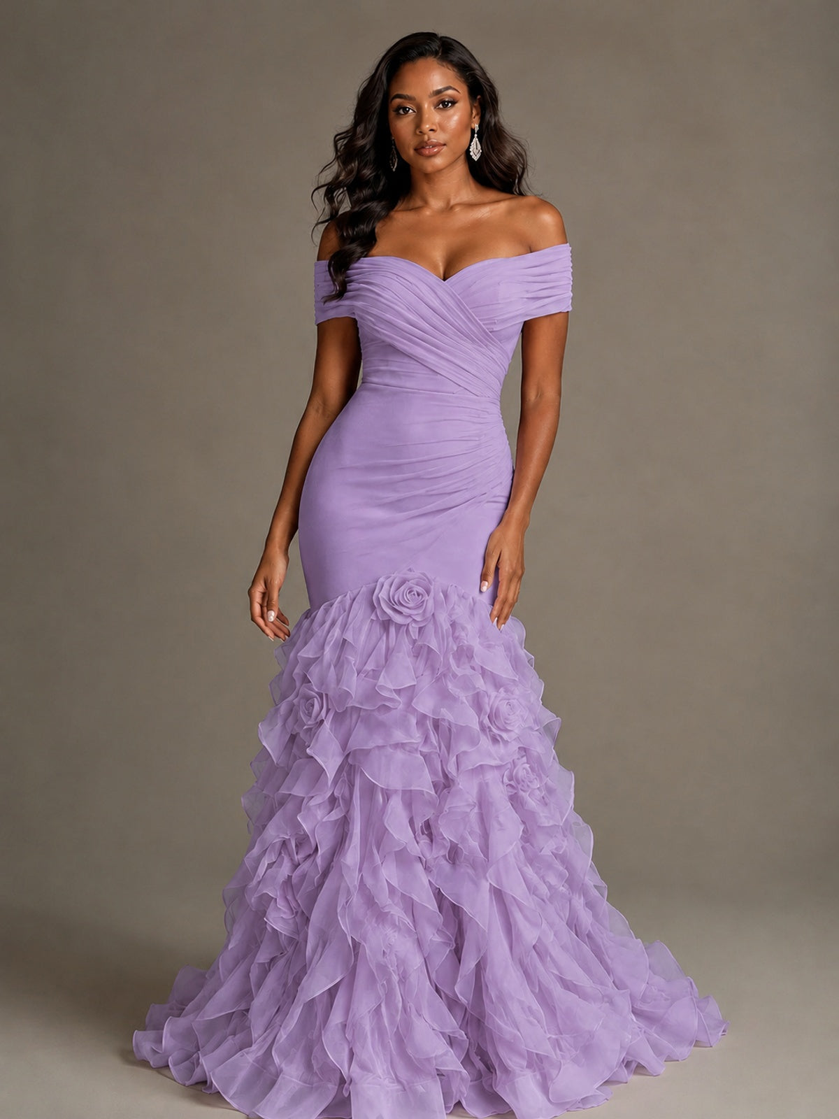 Pink Off-the-Shoulder Mermaid Prom Dress with Ruffles 3D Flowers