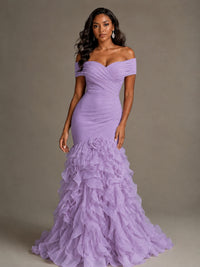 Pink Off-the-Shoulder Mermaid Prom Dress with Ruffles 3D Flowers