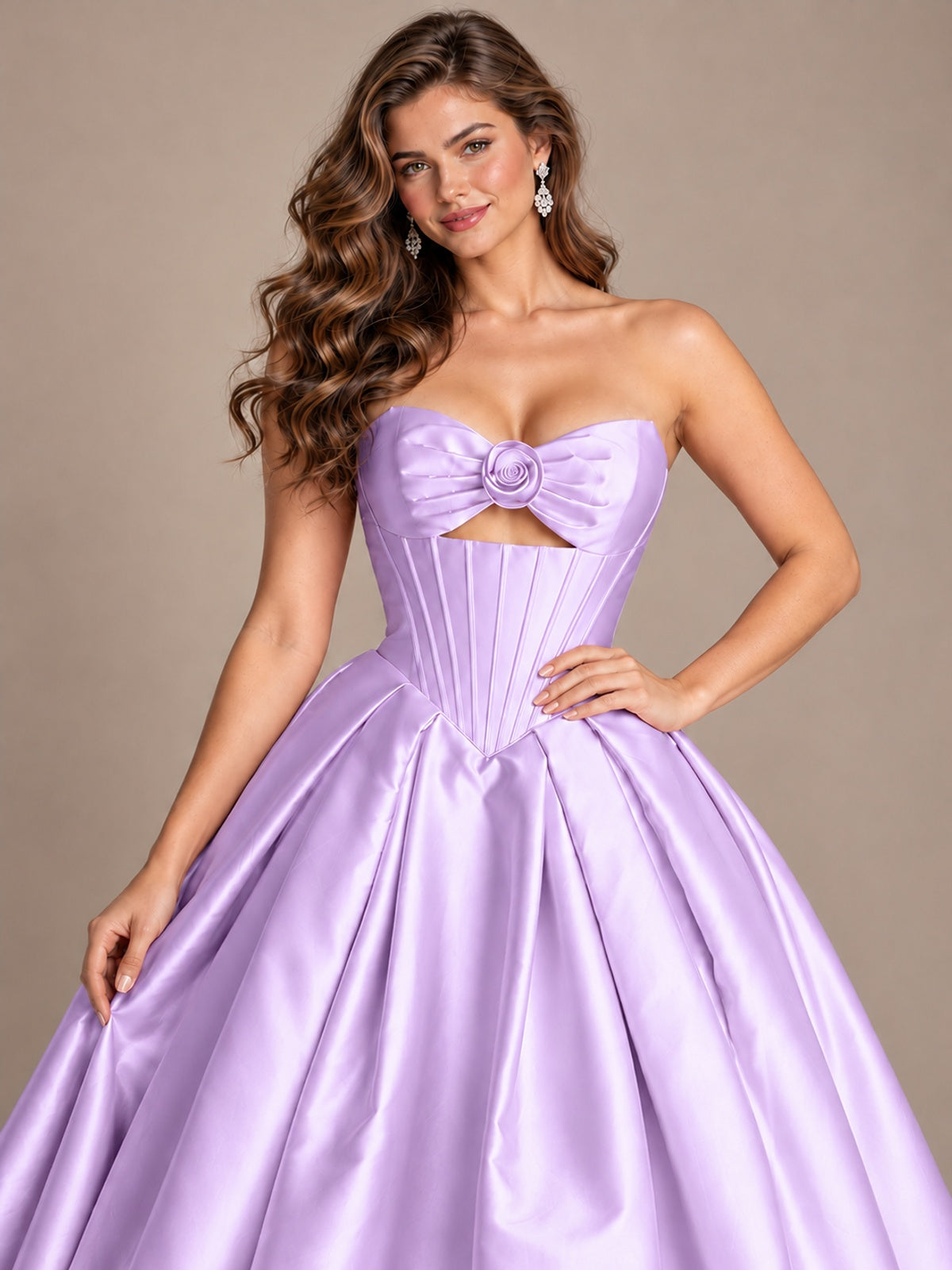 Pink Strapless Corset Satin Prom Derss & Ball Gown with 3D Floral