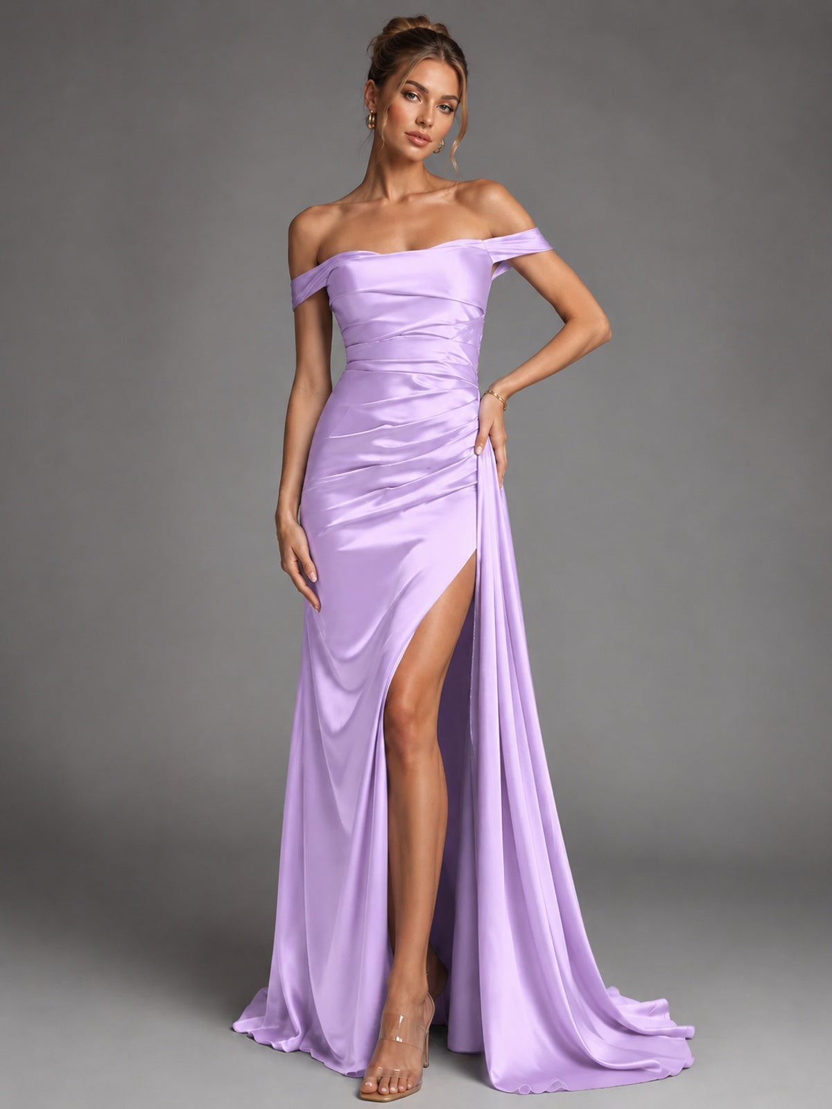 Off Shoulder Satin Maxi Dress with Slit