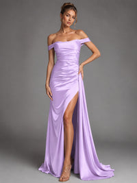 Off Shoulder Satin Maxi Dress with Slit